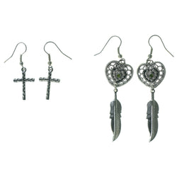 Heart Cross Feather Multiple-Earrings With Crystal Accents Silver-Tone & Green Colored #3531
