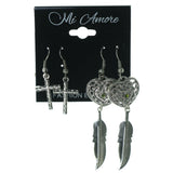Heart Cross Feather Multiple-Earrings With Crystal Accents Silver-Tone & Green Colored #3531