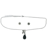 Adjustable Length Bird Feather Necklace-Earrings Set With Bead Accents Silver-Tone & Black Colored #3538
