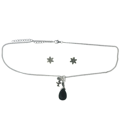 Adjustable Length Bird Feather Necklace-Earrings Set With Bead Accents Silver-Tone & Black Colored #3538