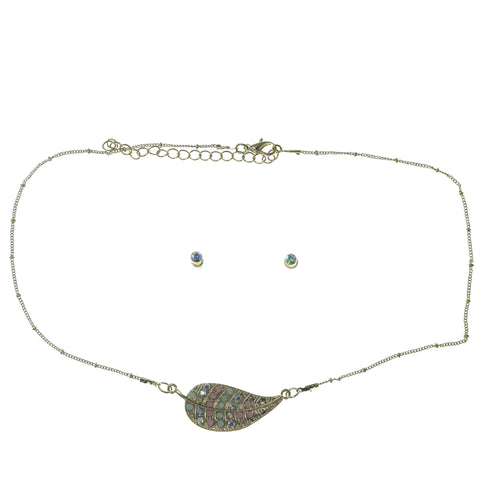 Adjustable Length Leaf Necklace-Earrings Set With Crystal Accents Gold-Tone & Multi Colored #3525