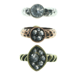 Colorful & Silver-Tone Colored Metal Multiple-Rings With Crystal Accents #3528