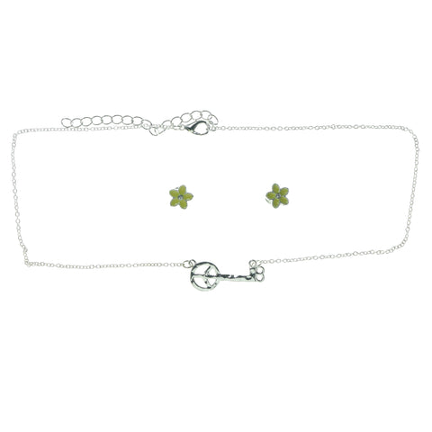 Adjustable Length Peace Sign Key Necklace-Earrings Set Silver-Tone & Yellow Colored #3753