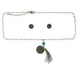 Adjustable Length Peace Necklace-Earrings Set With Crystal Accents Gold-Tone & Blue Colored #3529