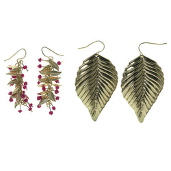 Leaf Multiple-Earrings With Bead Accents Gold-Tone & Pink Colored #3556