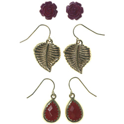 Leaf Rose Multiple-Earrings With Bead Accents Pink & Gold-Tone Colored #3560