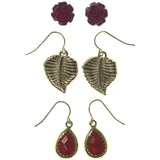 Leaf Rose Multiple-Earrings With Bead Accents Pink & Gold-Tone Colored #3560