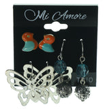 Birds Butterfly Multiple-Earrings With Bead Accents Silver-Tone & Blue Colored #3543