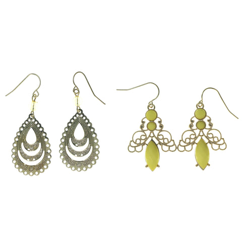 Gold-Tone & Yellow Colored Metal Multiple-Earrings With Bead Accents #3755