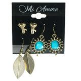 Key Leaf Multiple-Earrings With Crystal Accents Gold-Tone & Blue Colored #3760