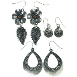 Flowers Leaf Love Multiple-Earrings With Crystal Accents Silver-Tone & Orange Colored #3762