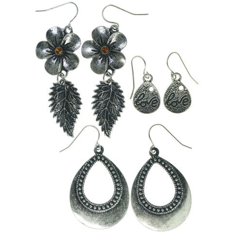 Flowers Leaf Love Multiple-Earrings With Crystal Accents Silver-Tone & Orange Colored #3762