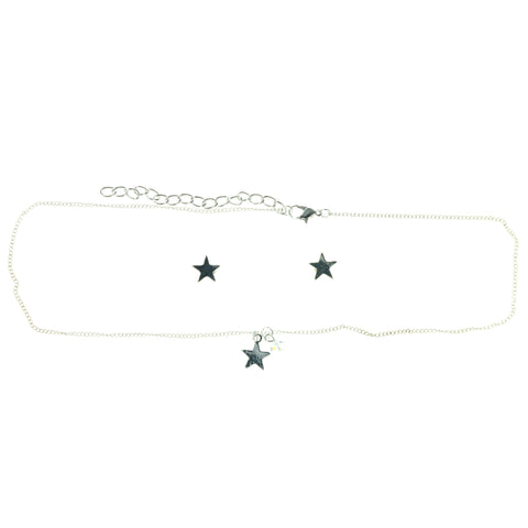 Adjustable Length Star Necklace-Earrings Set With Bead Accents Silver-Tone & Clear Colored #3536