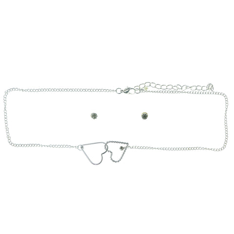 Adjustable Length Heart Necklace-Earrings Set  With Crystal Accents Silver-Tone Color #3534