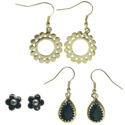 Flowers Multiple-Earrings With Crystal Accents Gold-Tone & Black Colored #3751