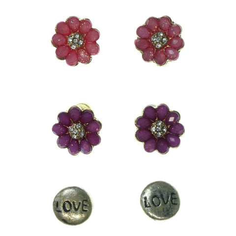 Flowers Love Multiple-Earrings With Crystal Accents Pink & Silver-Tone Colored #3557