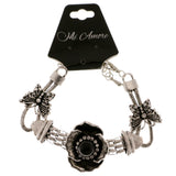 Flower Butterflies Adjustable Length Semi-Precious-Bracelet With Crystal Accents Silver-Tone & Black Colored #3516