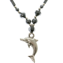Dolphins Hematite-Pendant-Necklace With Bead Accents Gray & Silver-Tone Colored #4155