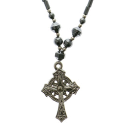Cross Hematite-Pendant-Necklace With Bead Accents Silver-Tone & Gray Colored #4153