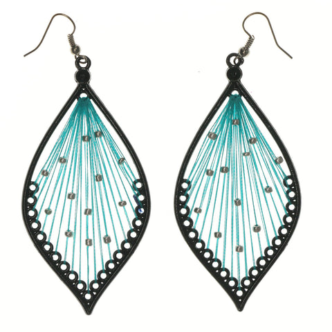 Black & Blue Colored Fabric Dangle-Earrings With Bead Accents #LQE1121