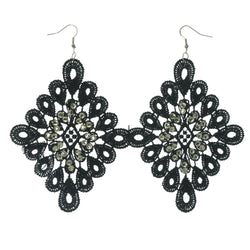 Black & Silver-Tone Colored Fabric Dangle-Earrings With Crystal Accents #LQE1146