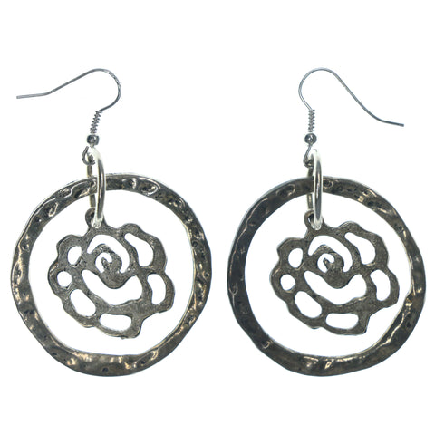 Rose Antique Dangle-Earrings Silver-Tone Color  #LQE1155
