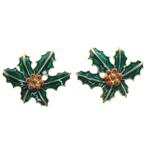 Mistletoe Stud-Earrings Green & Gold-Tone Colored #LQE1178