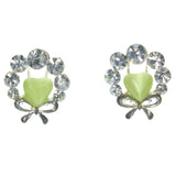 Bow Heart Stud-Earrings With Crystal Accents Silver-Tone & Green Colored #LQE1180