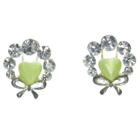 Bow Heart Stud-Earrings With Crystal Accents Silver-Tone & Green Colored #LQE1180