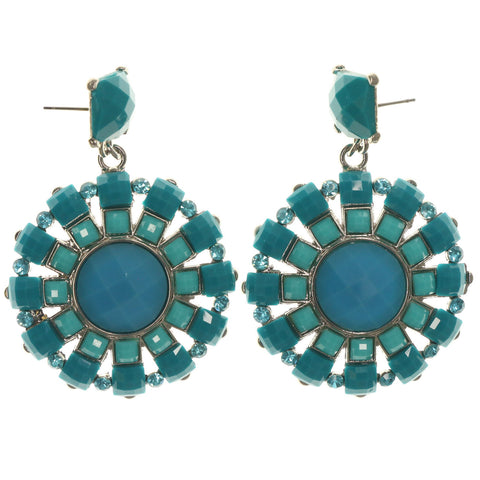 Blue & Silver-Tone Colored Metal Dangle-Earrings With Bead Accents #LQE1219