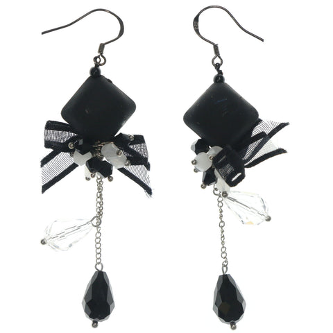 Bow Dangle-Earrings With Bead Accents Black & Clear Colored #LQE1231