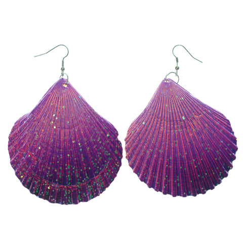 Shell Dangle-Earrings Purple & Silver-Tone Colored #LQE1283