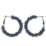 Blue & Silver-Tone Colored Metal Hoop-Earrings With Bead Accents #LQE1289