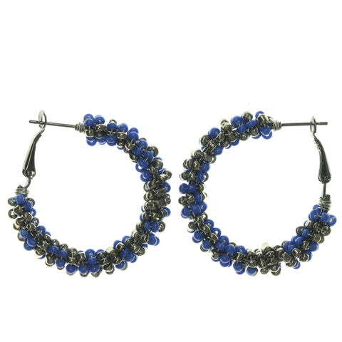 Blue & Silver-Tone Colored Metal Hoop-Earrings With Bead Accents #LQE1289