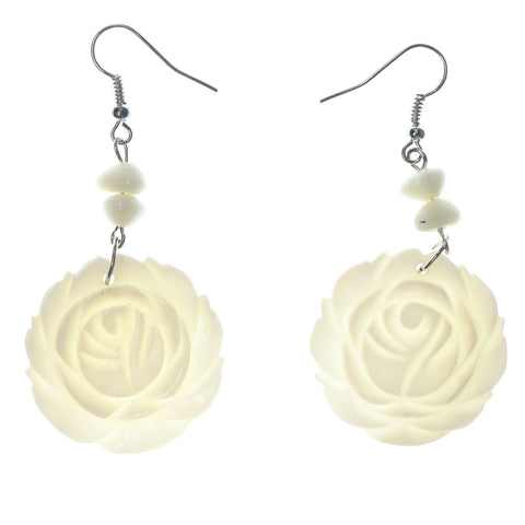 Flower Shell Dangle-Earrings With Bead Accents White & Silver-Tone Colored #LQE1339