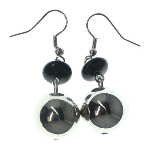 Silver-Tone & Black Colored Metal Dangle-Earrings With Bead Accents #LQE1362