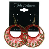 Red & Gold-Tone Colored Fabric Dangle-Earrings With Bead Accents #LQE1492