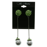 Silver-Tone & Green Colored Metal Dangle-Earrings With Crystal Accents #LQE294