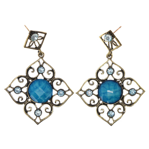 Blue & Gold-Tone Colored Metal Drop-Dangle-Earrings With Stone Accents #LQE2952