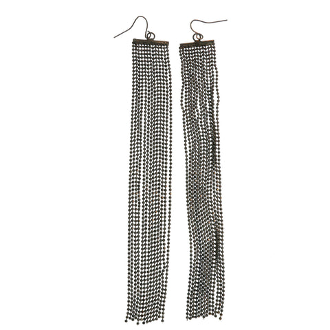 Metal Chain Tassel Dangle-Earrings With Bead Accents Black & Silver-Tone LQE387