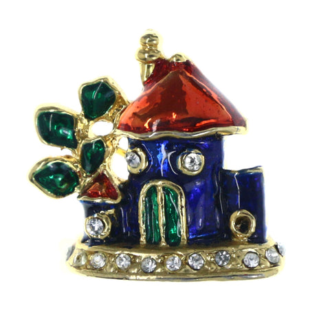 House Tree Brooch-Pin With Crystal Accents Colorful & Gold-Tone Colored #LQP1429