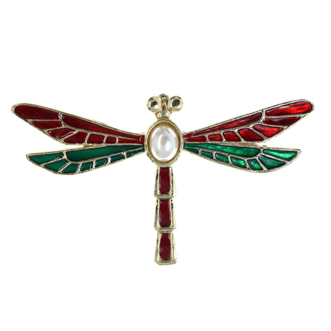 Dragonfly Brooch-Pin With Bead Accents Green & Red Colored #LQP1454
