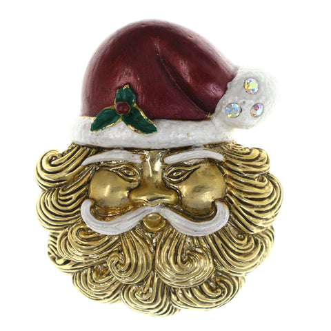 Santa Clause Holly Christmas Brooch-Pin With Crystal Accents Gold-Tone & Multi Colored #LQP1489