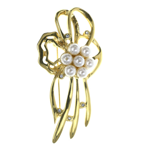 Flower Brooch-Pin With Bead Accents Gold-Tone & White Colored #LQP1500