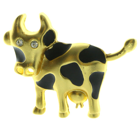 Cow Brooch Pin With Crystal Accents Gold-Tone & Black Colored #LQP160