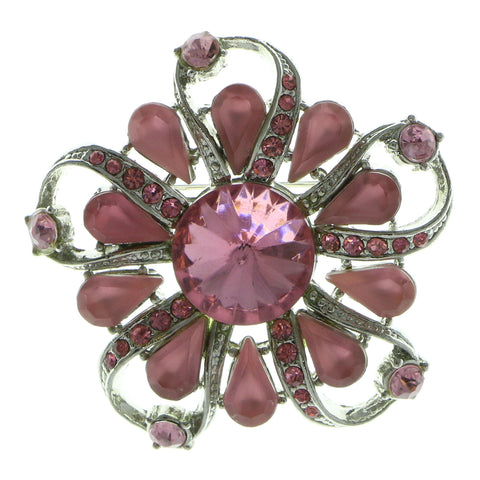 Flower  Brooch Pin With Crystal Accents Silver-Tone & Pink Colored #LQP194
