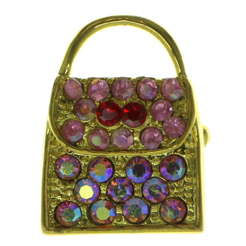 Hand Bag Brooch-Pin With Crystal Accents Gold-Tone & Pink Colored #LQP214