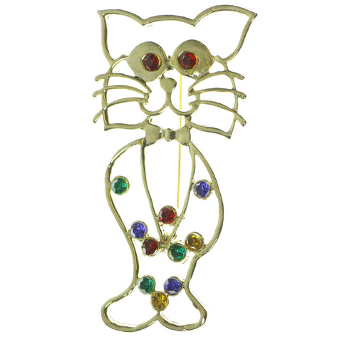 Cat Brooch Pin With Colorful Accents  Gold-Tone Color #LQP22