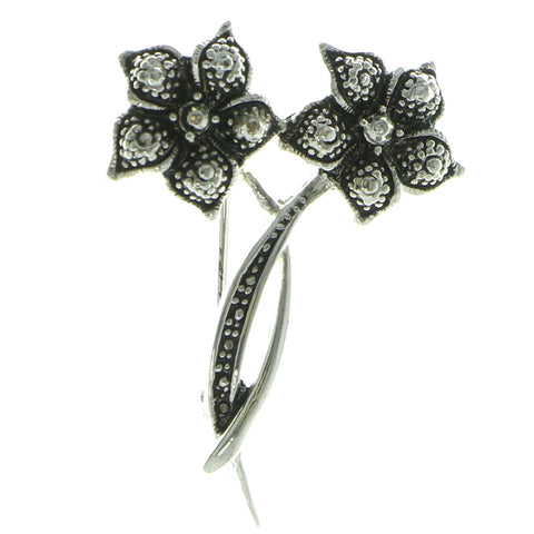 Two Flowers Brooch-Pin Silver-Tone Color  #LQP340