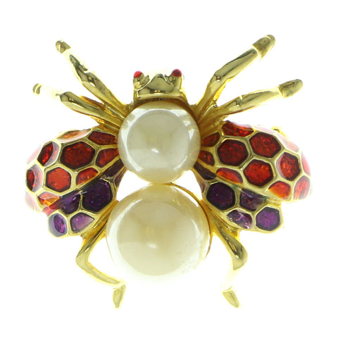 Insect Brooch-Pin With Bead Accents Gold-Tone & Red Colored #LQP397